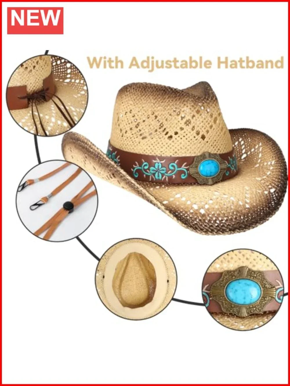 Womens Cowboy Hat Straw Wide Brim Shapeable Western Cowgirl Sun Protection